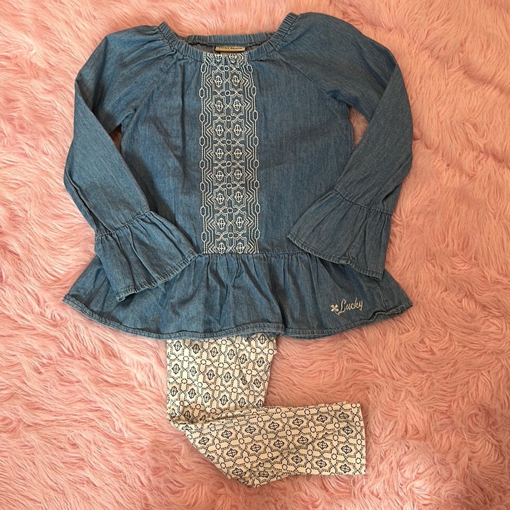 Lucky Brand Blue Denim Top with Patterned Leggings